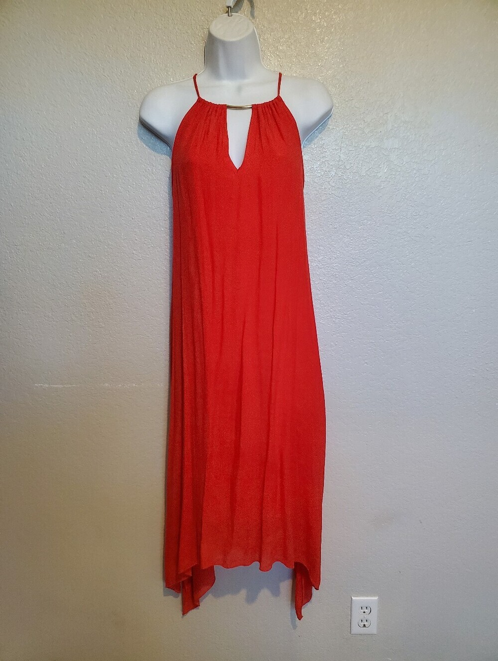 Mlle Gabrielle Vibrant Red & Gold Asymmetrical Flowy Halter Midi Dress
